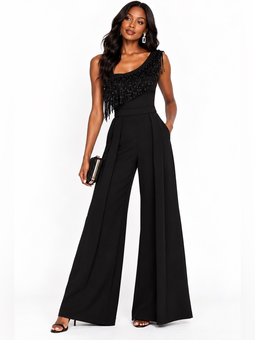 NWT DKNY Size 4 Black Rhinestone Fringe Wide Leg Jumpsuit